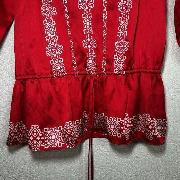 White House Black Market Women 4 Peplum Blouse Red Medallion Embroidered Holiday - Picture 5 of 7